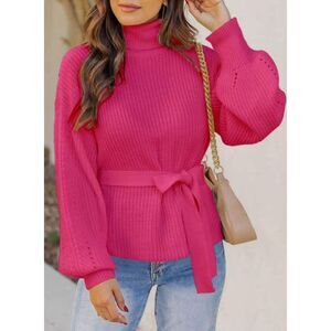 Dokotoo Rose Turtleneck Sweaters Long Sleeve Belted Knitted Pullover Top Sz M